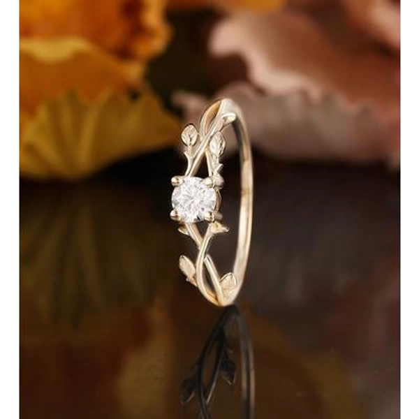 Solitaire moissanite white gold ring Nature inspired Unique leaf branch twig twisted