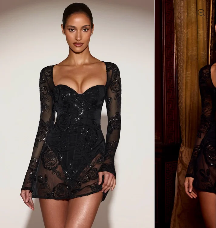 Sheer Embellished Bodysuit Corset Mini Dress in Black
