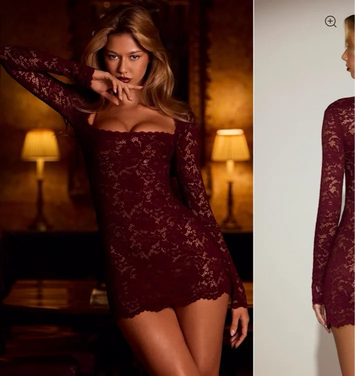 Sheer Scalloped-Lace Long-Sleeve Mini Dress in Wine Red