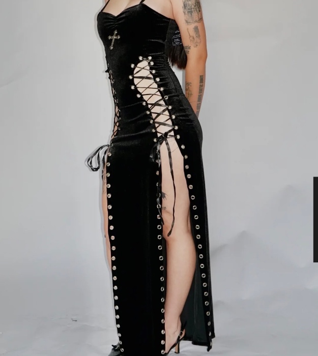 Black thigh slit dress