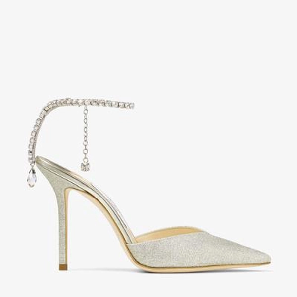 Jimmy Choo Saeda 100 Platinum Ice Dusty Glitter Pumps With Crystal Embellishment - Platinum Ice/Crystal - 41.5