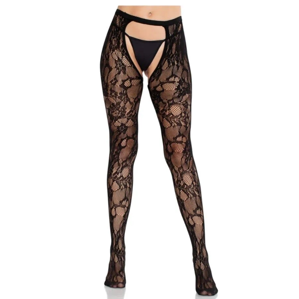 LEG AVENUE - ROSE LACE STOCKINGS WITH OPEN BACK BLACK