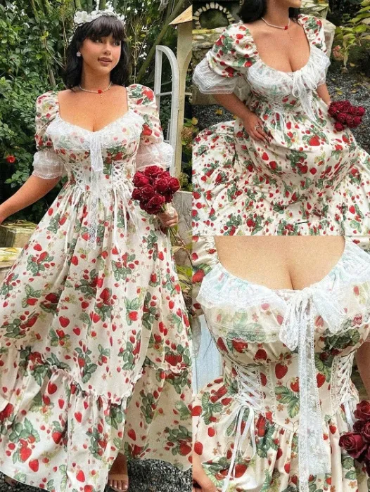 Lyrianda Vestido largo elegante de estilo princesa con estampado de fresa para mujer de talla grande | SHEIN