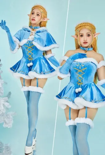 Christmas Princess Zelda Derivative Sexy Lingerie Costume Blue Bodysuit and Mini Skirt with Short Cloak Gloves Stockings