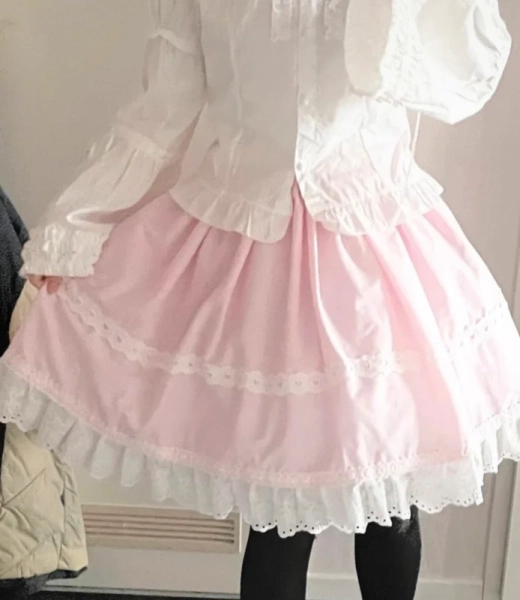EGL sweet old school pink cotton white lace skirt