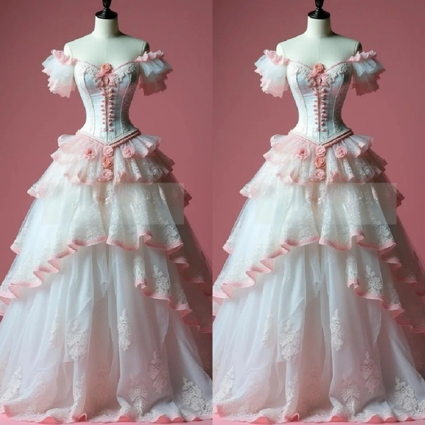 Victorian Pink White Prom Dresses Off The Shoulder Layered Ruffles Evening Gowns