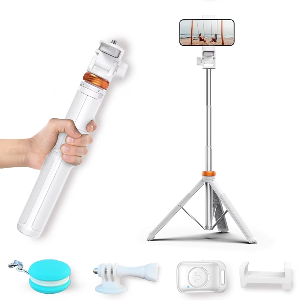 Trepied foto telescopic din aluminiu Premium Mossu® SnowFlex pentru Telefon/Camera Foto/GoPro, telecomanda Bluetooth, Selfie Stick, ajustabil pana la 149 cm, husa, macaron pentru curatat ecran, Alb