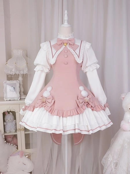 [$57.00]Sakura Pink Pointed Collar Pompoms Bowknot Long Sleeves One Piece Magic Girl Lolita Dress