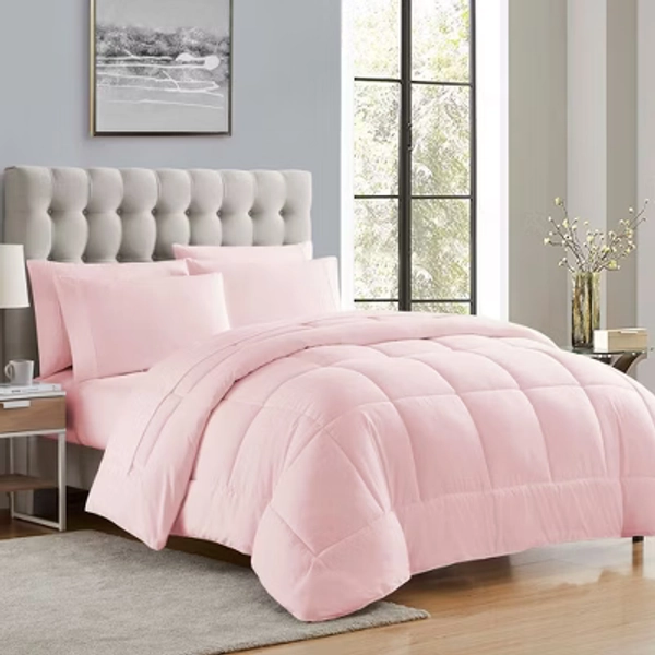 Bed-in-A-Bag Solid Color Comforter & Sheet Set Soft All Season Bedding, King, Pale Pink