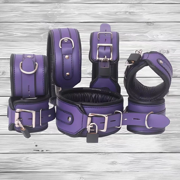 Leather Cuffs Set, Padded Restraints, Ankle, Wrist, Thigh Cuffs with Collar