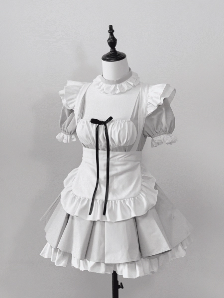 Jirai Kei Gray Maid Uniform: Box Pleated Skirt, Puff Sleeves and White Apron