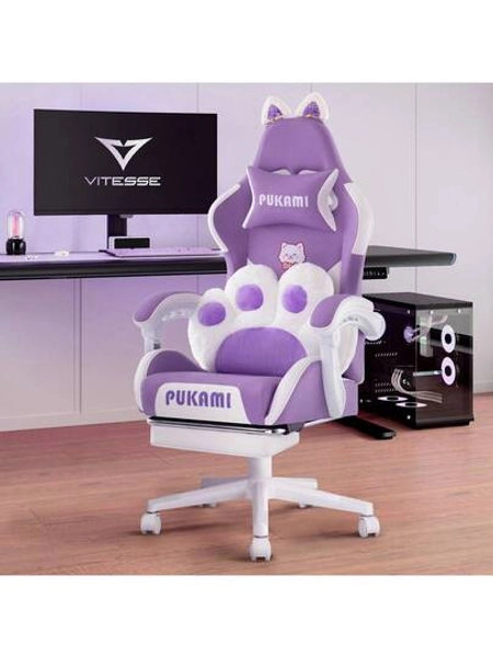 Cat Paw Lumbar Cushion And Cat Ear Gaming Chair
