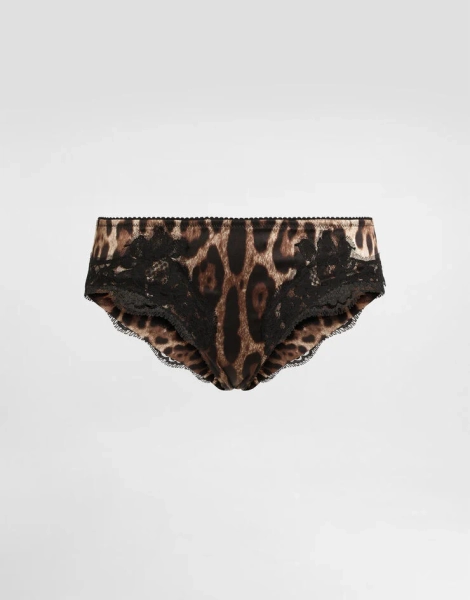 Slip en satin à imprimé léopard et dentelle