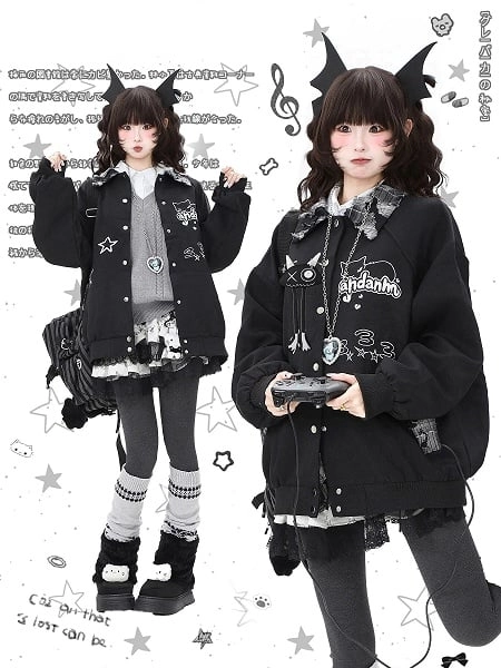 [$56.00]Black Bittersweet Jacket with Snap Placket, Plaid Polo Collar & Kitty Print