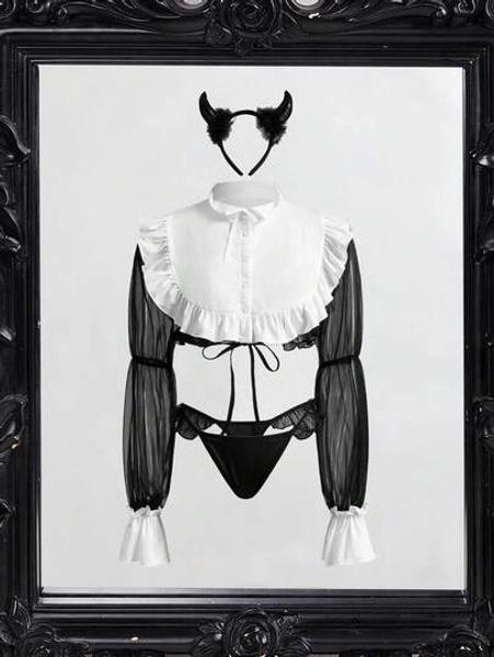 Fantasy Costume 3pcs Women's Cute Devil Maid Costume, Black & White Contrast, Ruffle Trim, PU Coated, Bow Decor, Suitable For Party, Bar, Music Festival - Size S
