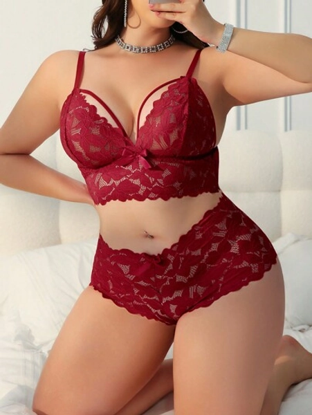 Seduluxe 2pcs/Set Plus Size Women Lace Lingerie Set