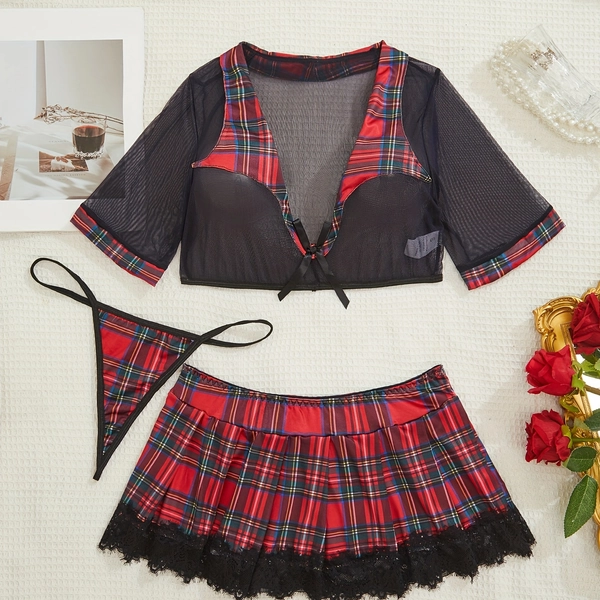 Women's Roleplay Costume 3pcs Set, Sheer Mesh Lace Lingerie Outfit