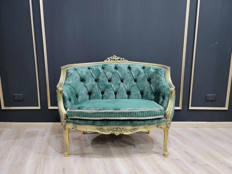 French Style Settee/ Aged Gold Leaf Frame/ Hand Carved Wood Frame/ Tufted