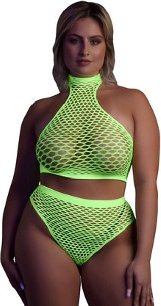 Ouch! Glow neon green net crop top & briefs