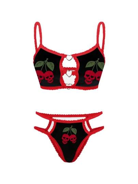 Dark Punk Personalized Skull & Cherry Print Red Lace Patchwork Heart Decor Women Camisole + Panty 2pcs Set For Going Out - Size XS