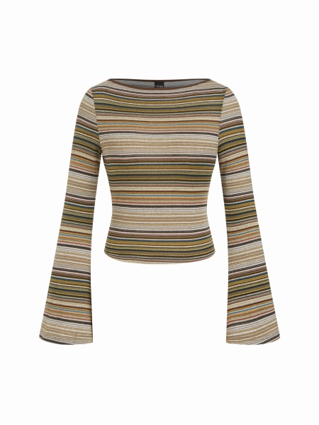Striped Boat Neck Bell Sleeve Slim Tee