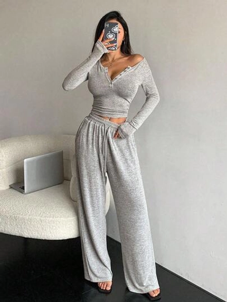 DAZY Women's Solid Color Button Placket Long Sleeve T-Shirt And Pants Two-Piece Set Y2k Lounge Sets For Women