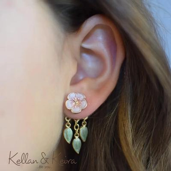 Original Design Pink Cherry Blossom Studs with Dangling Green Leaves Front Back Style Hypoallergenic Nickel Free Ear Jackets Stylish Jewelry
