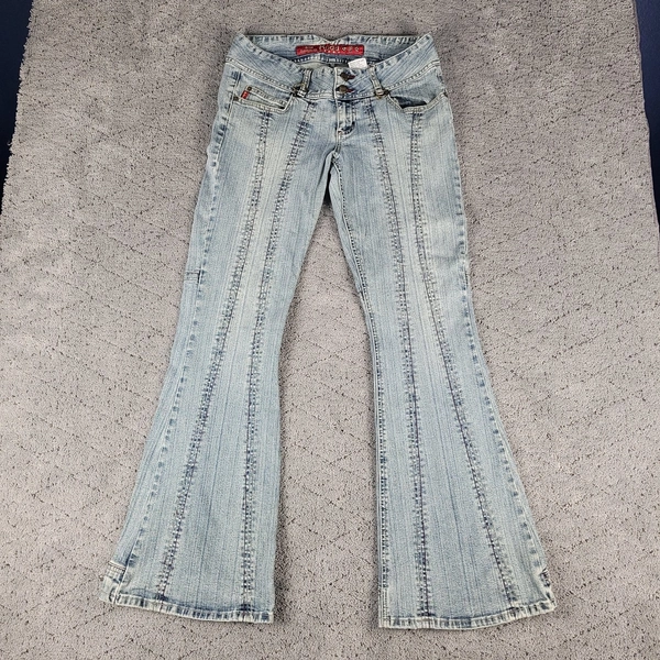 VTG Mudd Jeans Womens 7 Blue Bell Bottom Bareback Low Rise Y2K Stretch Denim