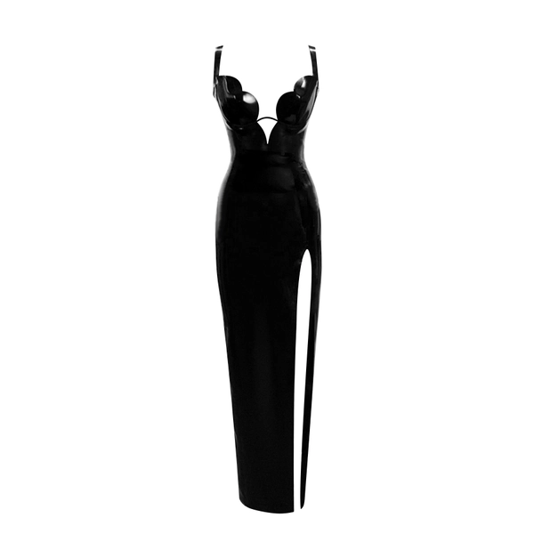 Latex Strappy Tulip Cup Evening Dress in black