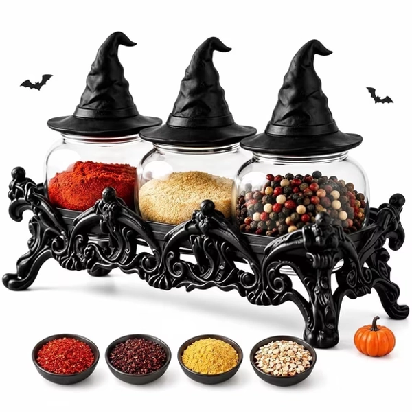 Witch Hat Spice Jars Set of 3, Glass Apothecary Seasoning Jars with Resin Stand, Gothic Halloween Kitchen Decor