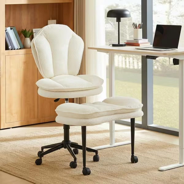PINMOCO Teddy Fabric Cross-Legged Swivel Footrest Adjustable Height Wheels Ergonomic Task Chair in White with No Arms USTHDCZUS-L502198F-WHTDPM-M