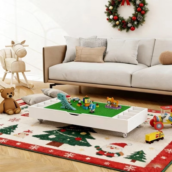 LOVSON The 2 in 1 Rollaway Play Table and Toy Organizer Compatible with Lego Suitable for Storing Under Bed or Sofa（Does not contain toys）White