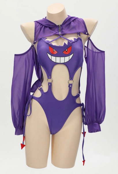 PM Derivaitve One Piece Swimsuit Cutout Printed Purple Ghost Bathing Suit with Hooded Cover Up