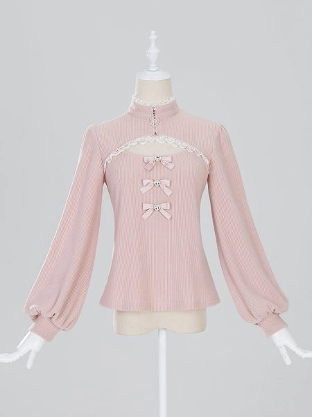 [$39.00]Pink Landmine-Style Knit Top with Lace Trim, High Collar & Bow Details