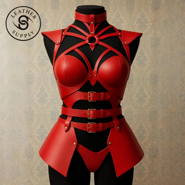 Handmade Red Leather Warrior Top: Strappy Armor, Cosplay, Gothic Festival Wear