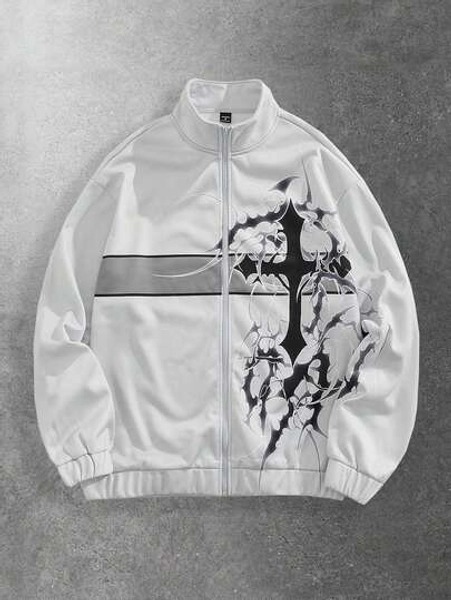 ROMWE MEN Goth Men's KPOP Autumn Casual Fashion Street Cross Print Contrast Color Zipper Stand Collar Sweatshirt, Long Sleeve Top