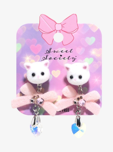 Sweet Society Flocked Kitty Bow Earrings