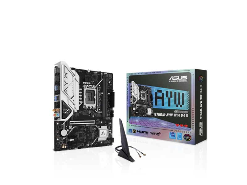 ASUS B760M-AYW WIFI D4 II Intel B760 (LGA 1700) microATX mATX motherboard, PCIe 5.0 x16 Support, two M.2 slots, DDR4, Realtek 2.5Gb Ethernet, Wi-Fi 6,