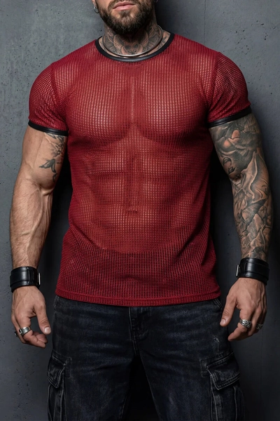 Ciciful Men's Mesh See Through Contrast Trim Red Slim Fit T-Shirt