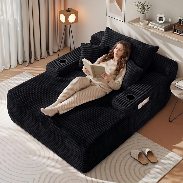 TEMU 65" Oversized Chaise Lounge Chair Indoor, Boneless Chaise Lounge Chair With Cup Holders Side Pockets 3 Pillows, Cloud Corduroy Chaise Sofa Bed