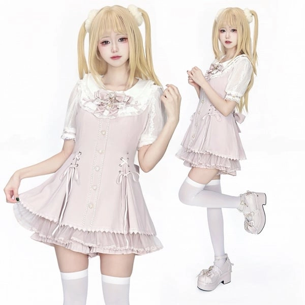 Ryousangata Pink Lace Short-Sleeve Dress With Bow & Heart Decorative Buttons + Matching Shorts Set
