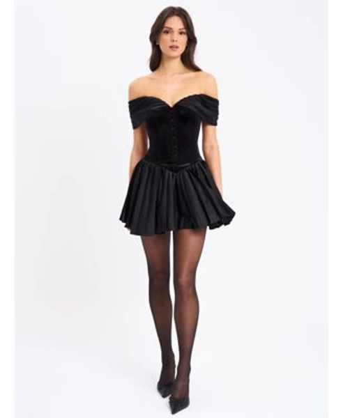 Women's Echo Black Velvet Off-shoulder Pleated Mini Dress