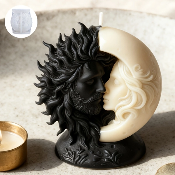 A 3D Artistic Silicone Mold for a Sun And Moon Shaped Candle, Featuring Designs Inspired by The Sun God And Moon Goddess. The Mold Intricately Captures Details Like Hair And Facial Lines, Is Heat-Resistant, And Easy to Demold