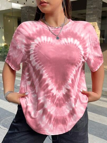 SHEIN EZwear Plus Size Women's Round Neck Drop Shoulder Short Sleeve Casual Loose Tie-Dye Heart T-Shirt