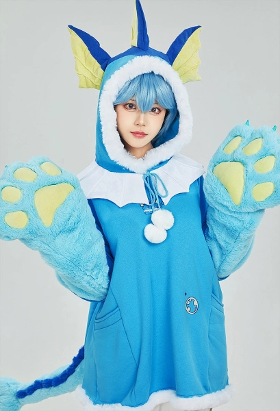 PM Derivative Pullover Hoodie with Detachable Bag Design Furry Paw Gloves Kawaii Blue Hooded Sweatshirt with Shawl Tail Socks