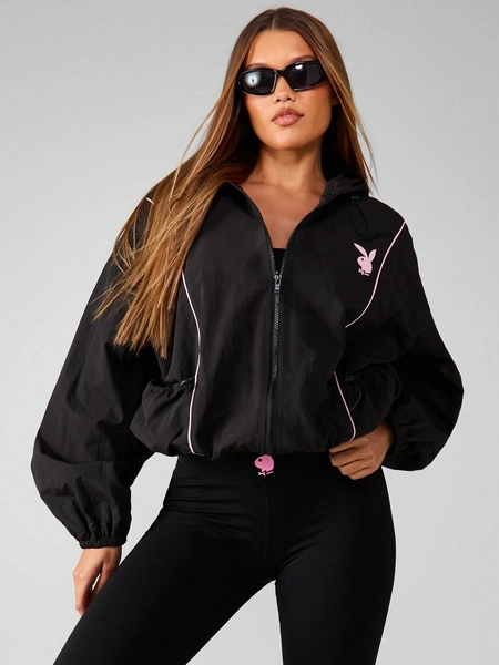 Missguided x Playboy Oversized Zip Up Hoodie Windbreaker With Hood