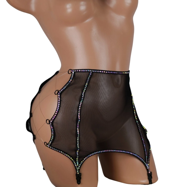 Exotic Dancewear Micro Mini Skirt, See Through Skirt, Black Rhinestone Skirt, Crystal Garter & Mini Skirt for Burlesque Costume, Stripper