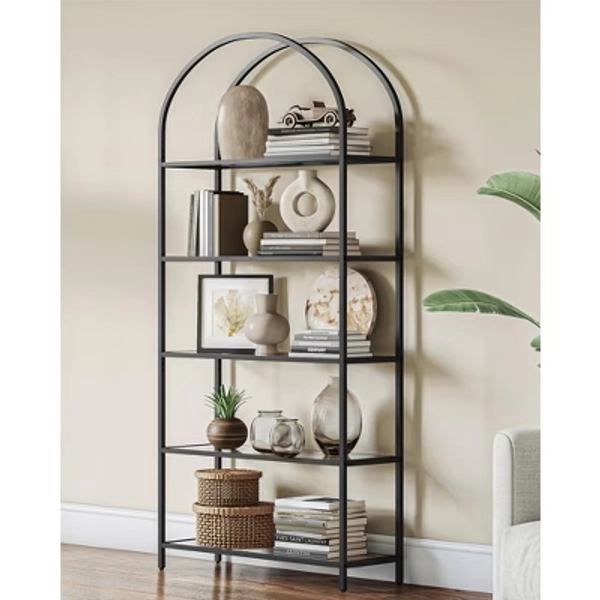 LEDREM 5-Tier Bookshelf, 32.7 x 72.2inch, Display Storage Shelf, Tempered Glass Shelving Unit with Metal Frame, for Bedroom, Living Room, Black