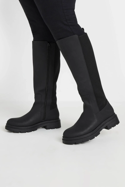 Black Sock Panel Knee High Boots In Wide E Fit & Extra Wide EEE Fit