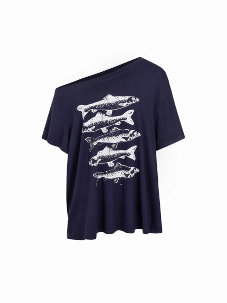 High Stretch Asymmetrical Neck Fish Graphic Oversized Short Sleeve Tee